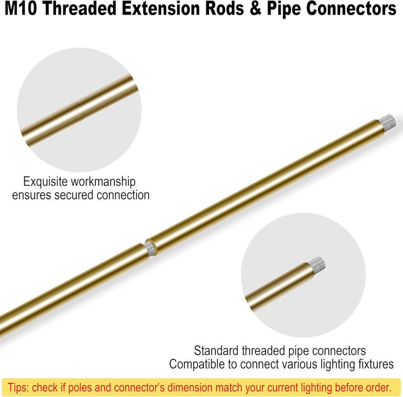 MAYOMAJO 8 Pieces M10 Threaded Extension Poles Lighting Fixture Downrods Stems & 180 Degrees Sloped Ceiling Adapter Kits for Pendant Light, Island Lighting, Chandeliers (Brass) - Image 3